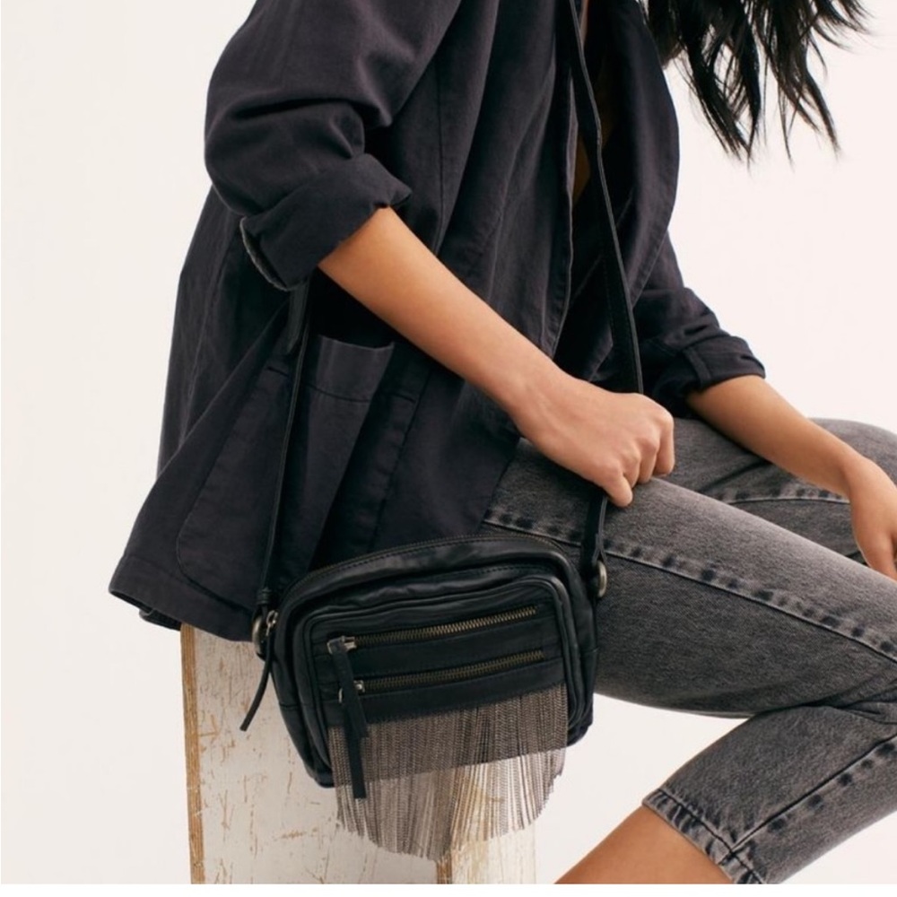 Free People Nora Fringe Black Leather Crossbody Bag